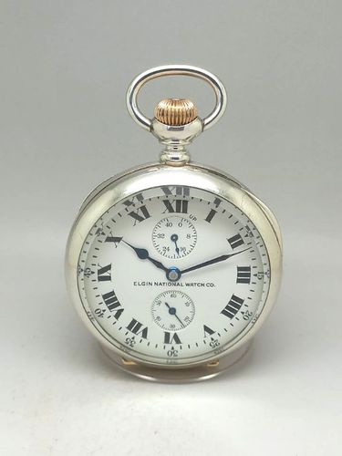 ELGIN NATIONAL WATCH CO. A SILVER OPEN FACE DECK WATCH WITH WINDING INDICATOR
